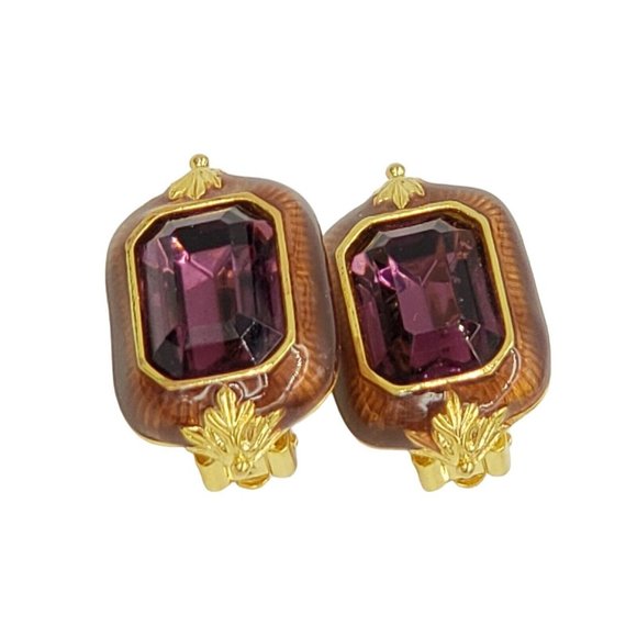 BEREBI Vintage Purple Enamel Rhinestone Clip Earrings Gold Tone Signed - Picture 9 of 12